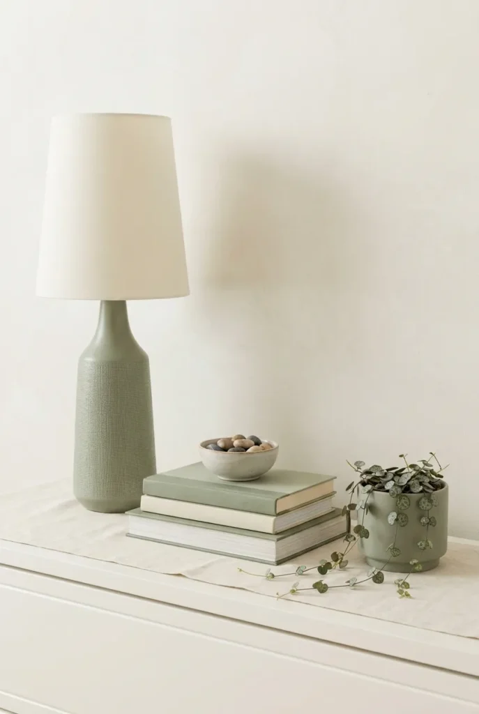Console styled in a triangle with a lamp, books, and a small trailing plant.