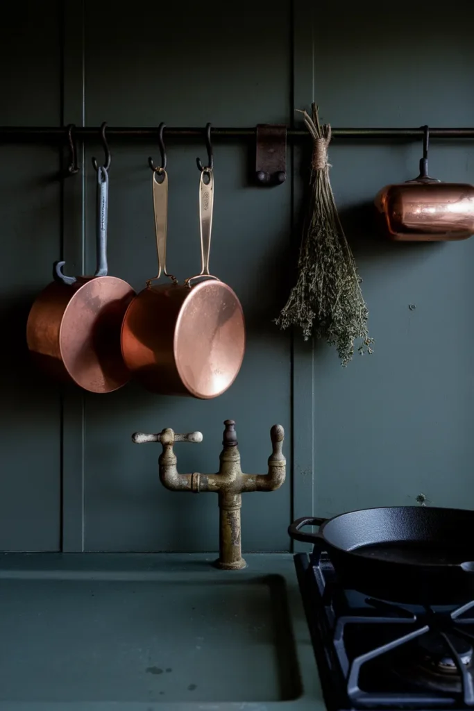 Copper pots and aged brass in a moody cottagecore kitchen with an iron hanging rail.