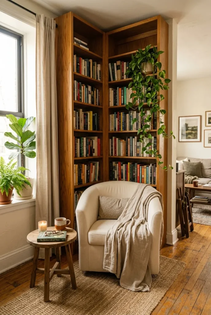 Corner bookshelf reading nook with a cream chair angled across warm oak shelves.