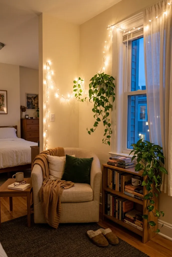 Corner fairy lights reading nook with armchair, throw, and warm amber glow at dusk.