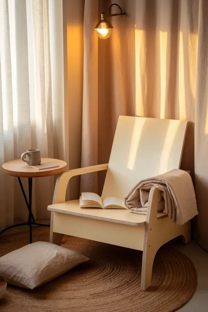 Corner reading chair with linen throw, side table and sconce in a studio apartment.