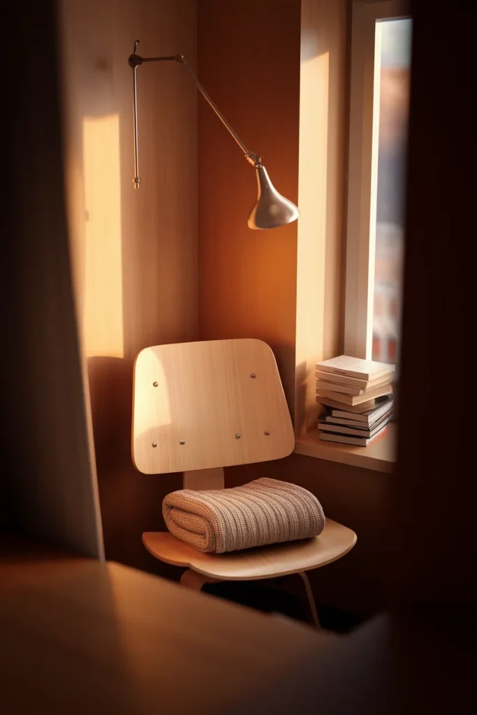 Corner reading nook with a birch chair and swing-arm lamp in a cozy bedroom.
