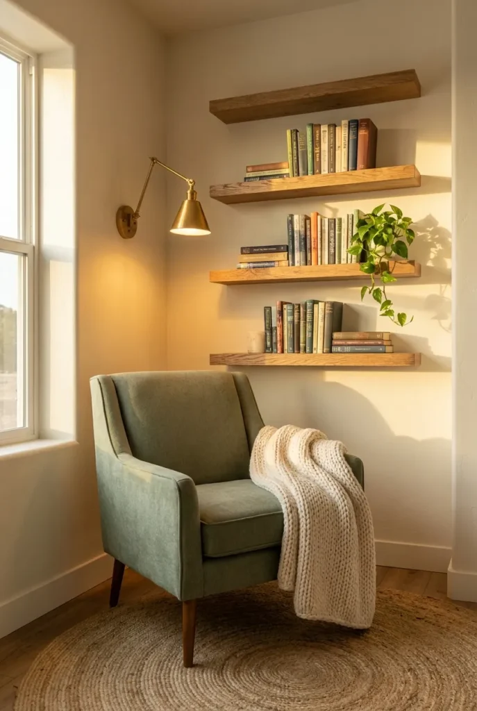Corner reading nook with oak floating shelves above a green chair and warm lamp light.
