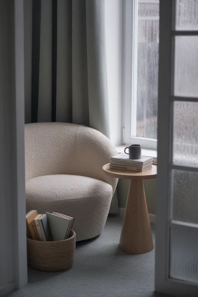 Corner reading spot with a boucle chair, side table, and basket of books in a small apartment.
