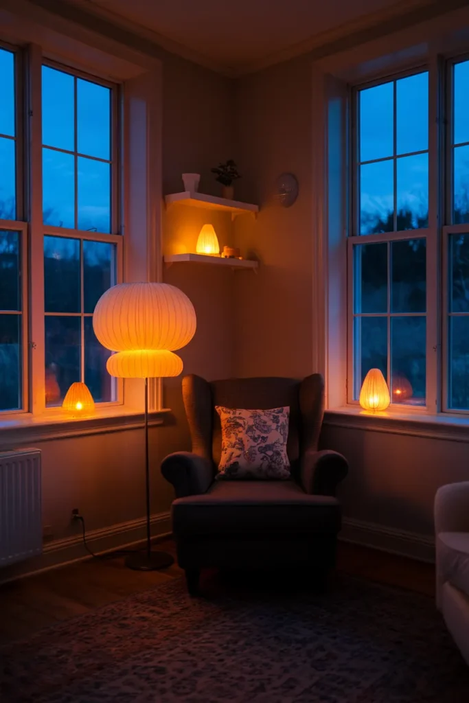 Cottage living room at dusk lit by three warm 2700K lamp pools