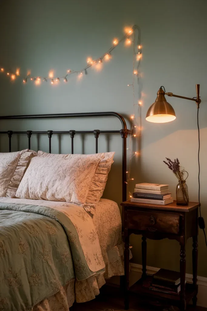 Cottagecore bedroom decor at dusk with iron bed, sage walls, and warm fairy lights.
