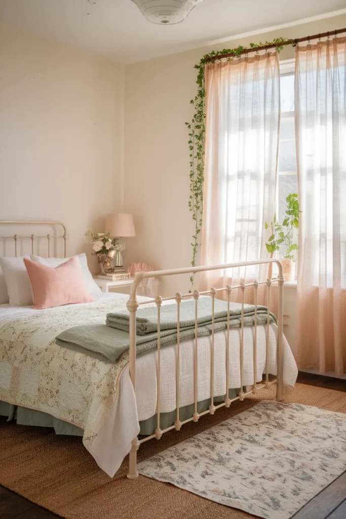 Cottagecore bedroom with a vintage iron bed, layered floral quilts, and soft morning light