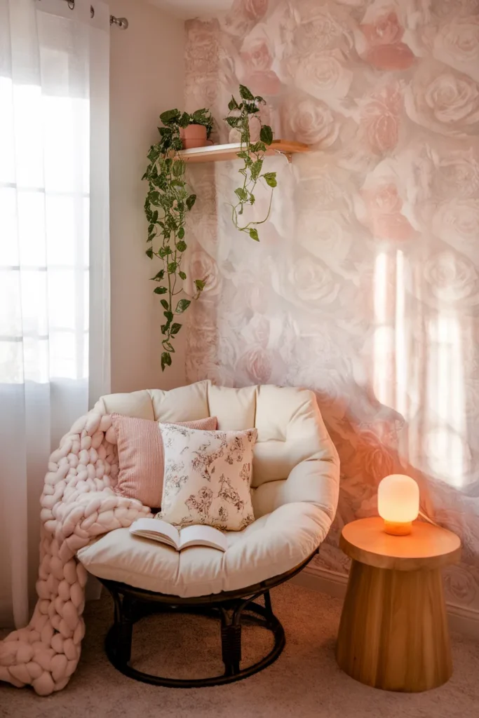Cottagecore floral reading nook with cream chair, rose wallpaper, and warm lamp light.