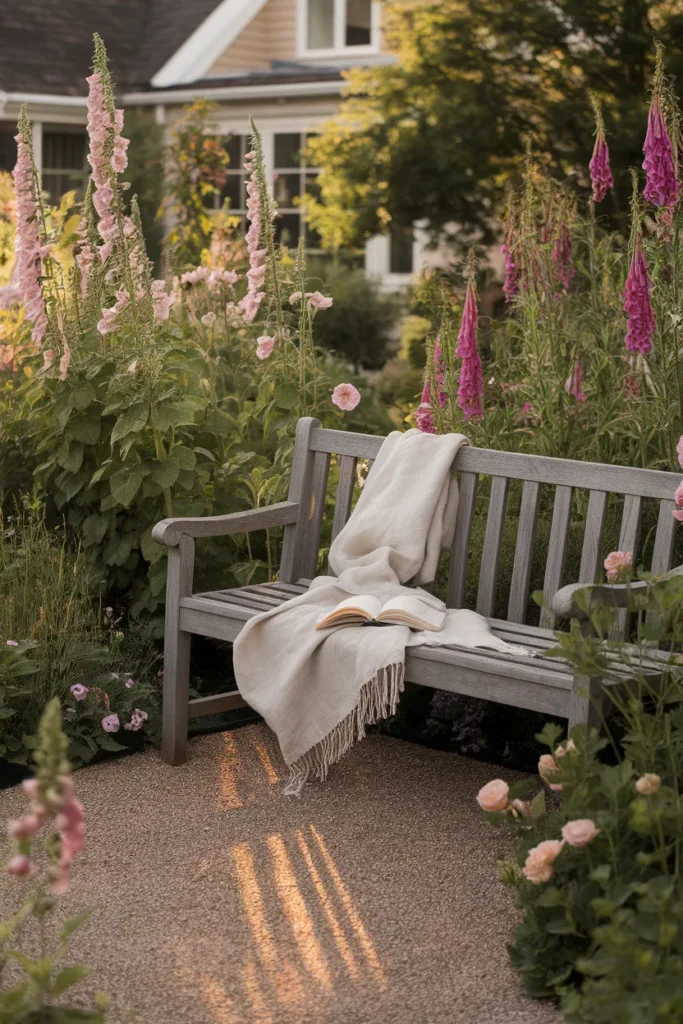 Cottagecore garden with a gravel path curving to a wooden bench at golden hour.