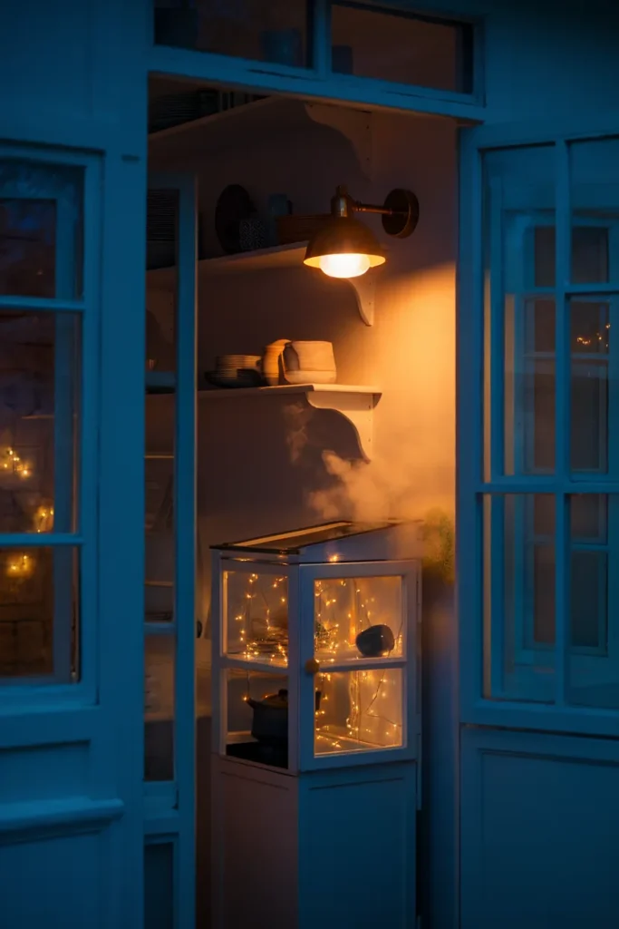 Cottagecore kitchen at night lit by a warm 2700K plug in sconce and fairy lights in a glass cabinet