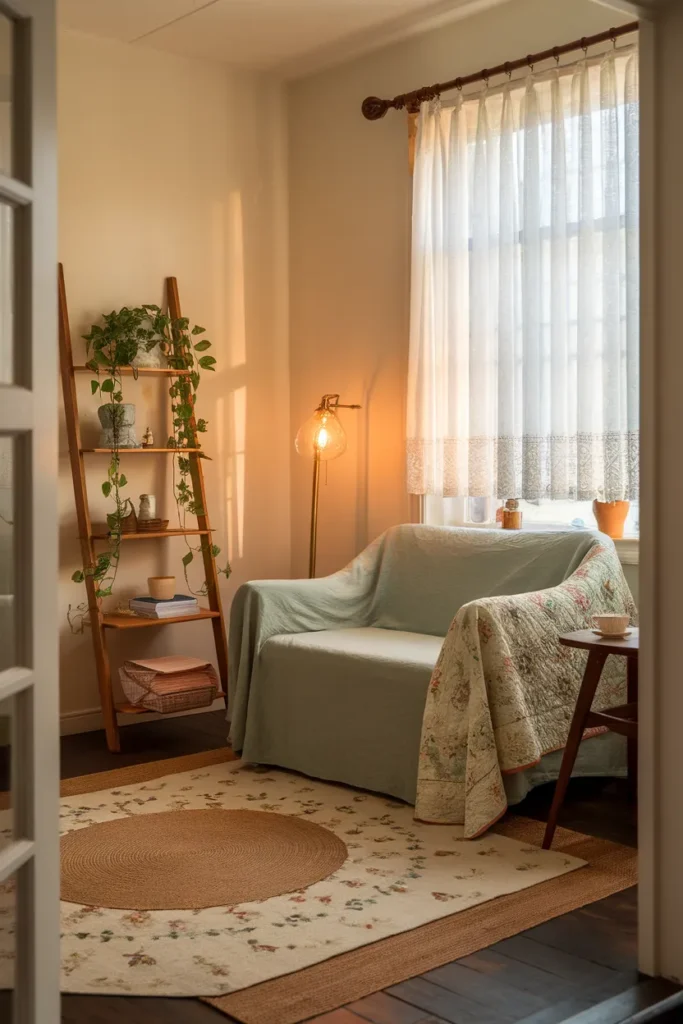 Cottagecore Living Room Ideas with sage loveseat, floral quilt, jute rug, and warm lamplight at golden hour