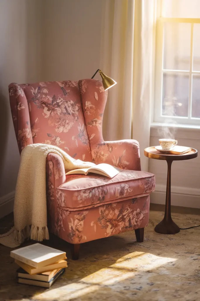 Cottagecore reading corner with floral armchair, side table with tea, and afternoon window light