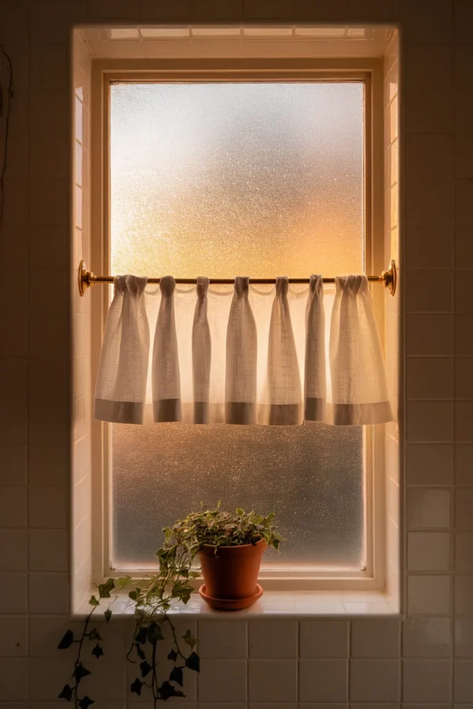 Cotton cafe curtain on a brass rod covering a small bathroom window at golden hour
