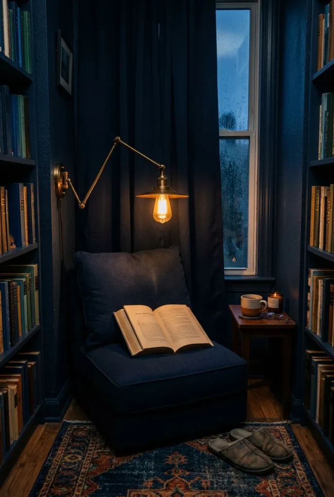 Cozy blue reading nook at dusk with a warm lamp and rain on the window.