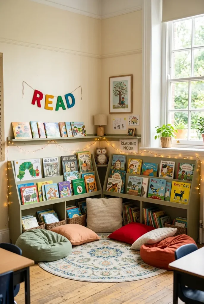 Cozy classroom reading corner with forward-facing book display, rug, and floor cushions.