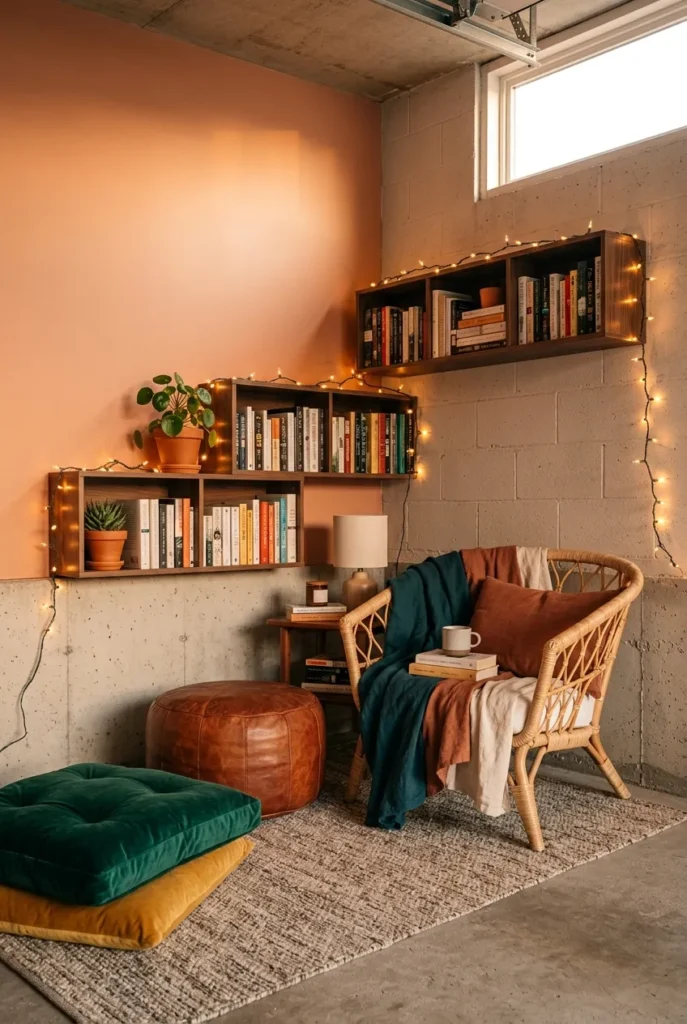 Cozy complete garage reading nook with warm light and space for pin text.