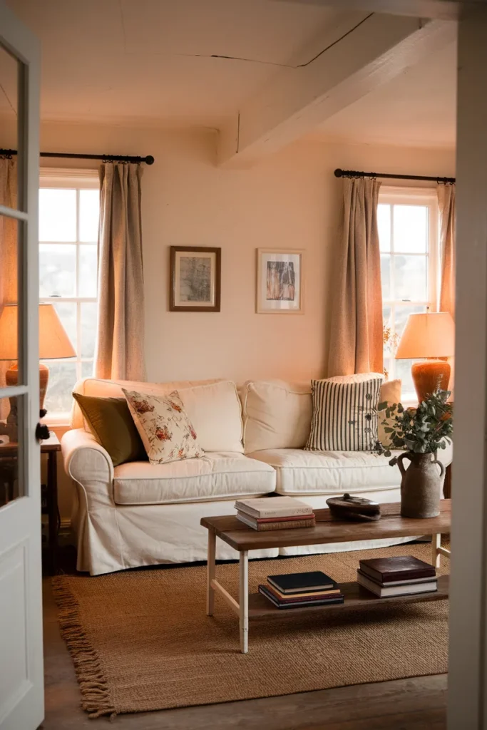 Cozy cottage living room with a cream slipcovered sofa, layered throws, and two lamps glowing at golden hour