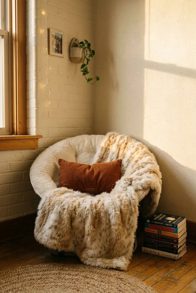 Cozy dorm reading nook with a cream saucer chair, fur throw, and stacked books in a small corner.