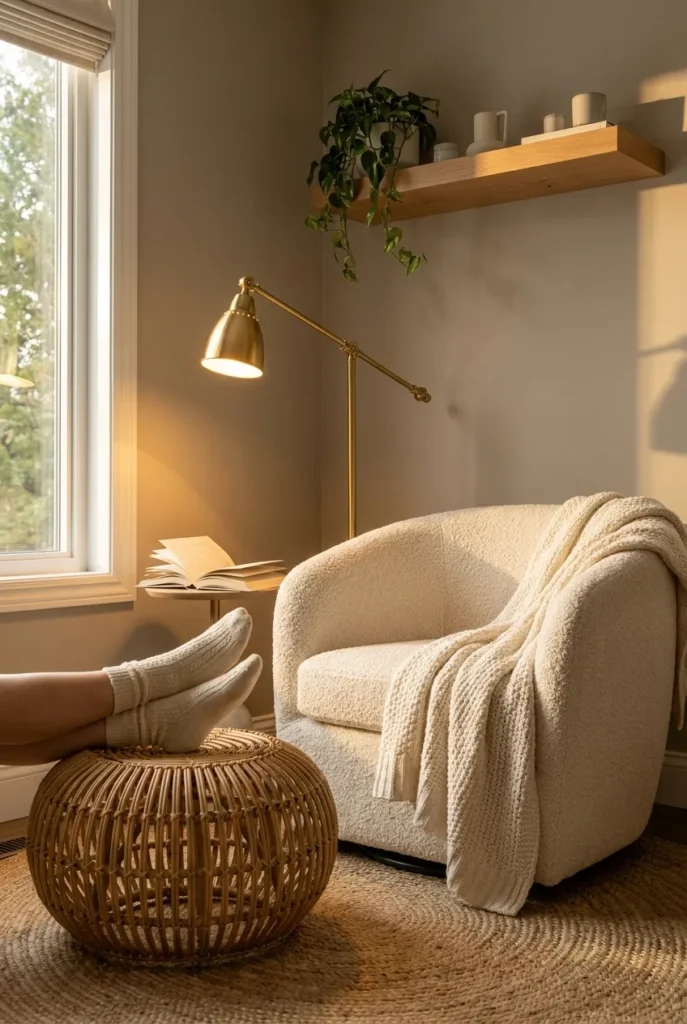 Cozy finished neutral reading nook with cream chair, warm lamp, and knit throw.
