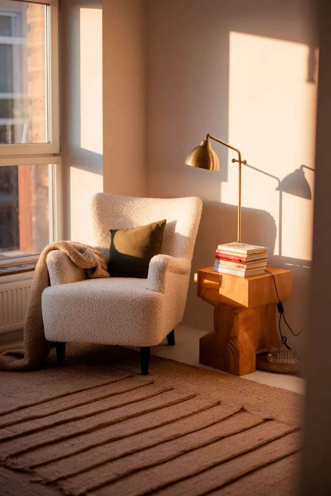 Cozy home decor corner with boucle chair, brass lamp and wool throw in golden light
