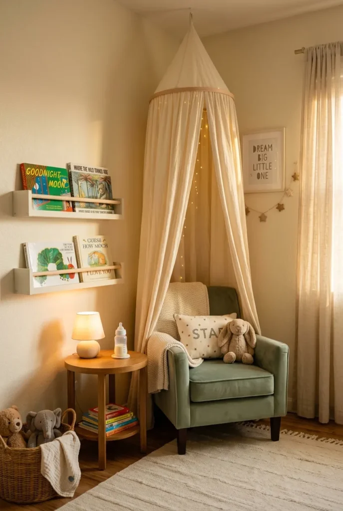 Cozy nursery reading nook with sage chair, canopy, picture ledge, and warm lamp glow.