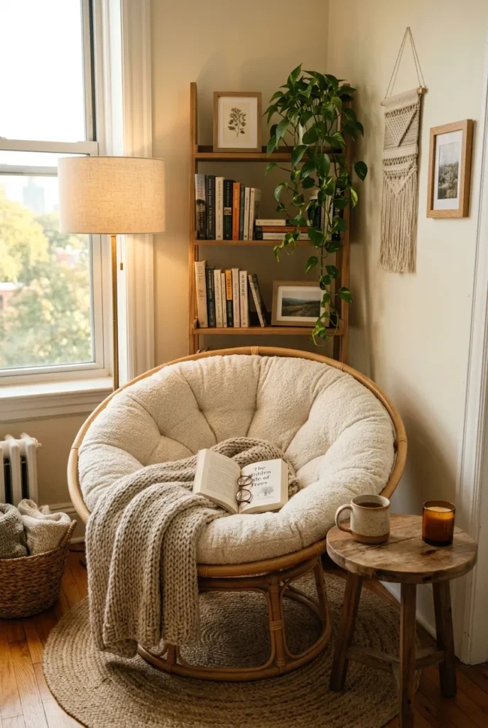 Cozy papasan reading nook with cream cushion, knit throw, books, and warm afternoon light.