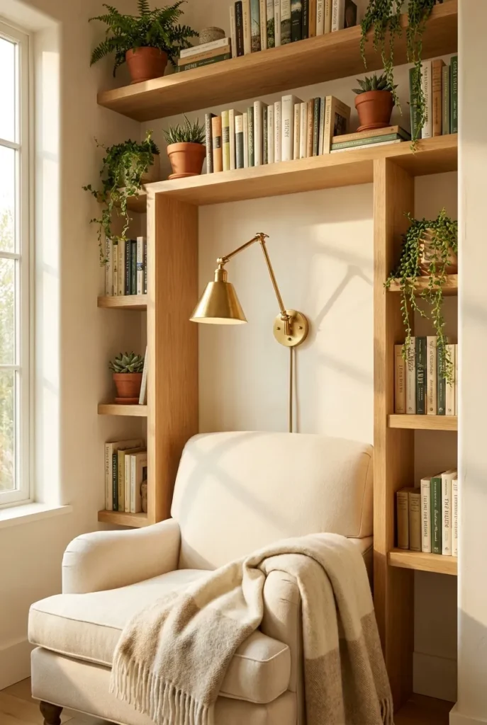 Cream armchair surrounded on three sides by oak floating shelves forming a cozy halo.