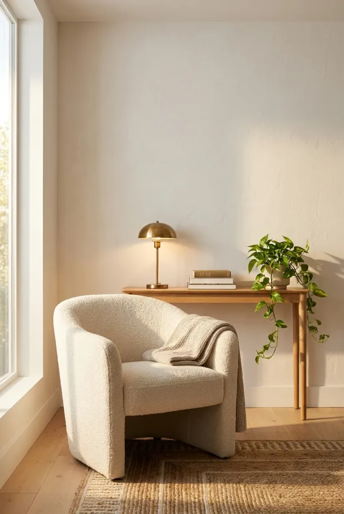 Cream armchair with a slim oak console table reading nook behind it in warm light.