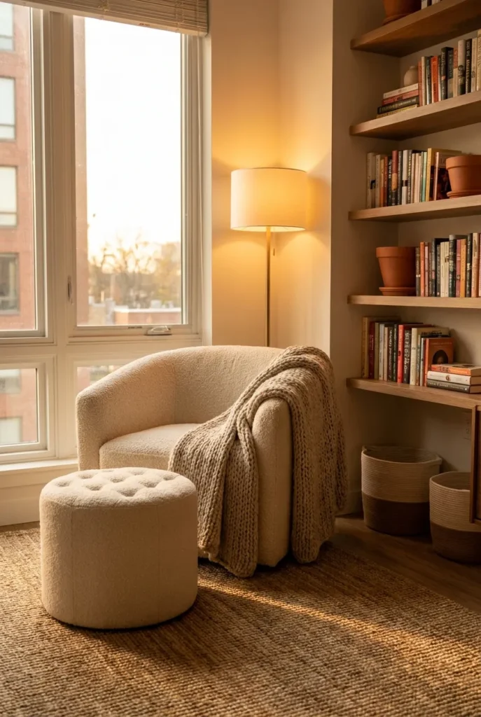 Cream armchair with round ottoman in a sunlit reading nook corner near a window.