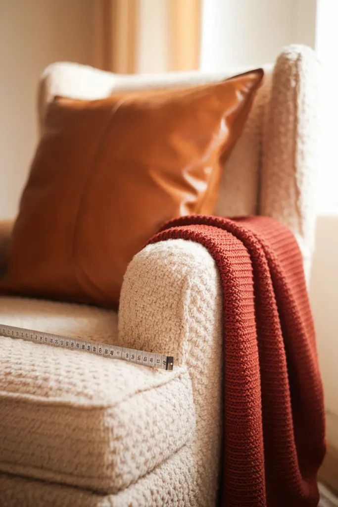 Cream boucle chair arm with caramel cushion and rust throw, seat depth measured by tape.