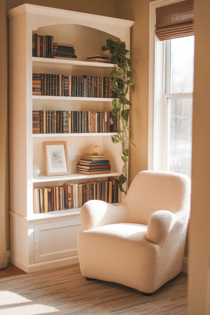 Cream boucle chair beside a styled white bookshelf in a cozy reading nook corner. reading nook bookshelf styling