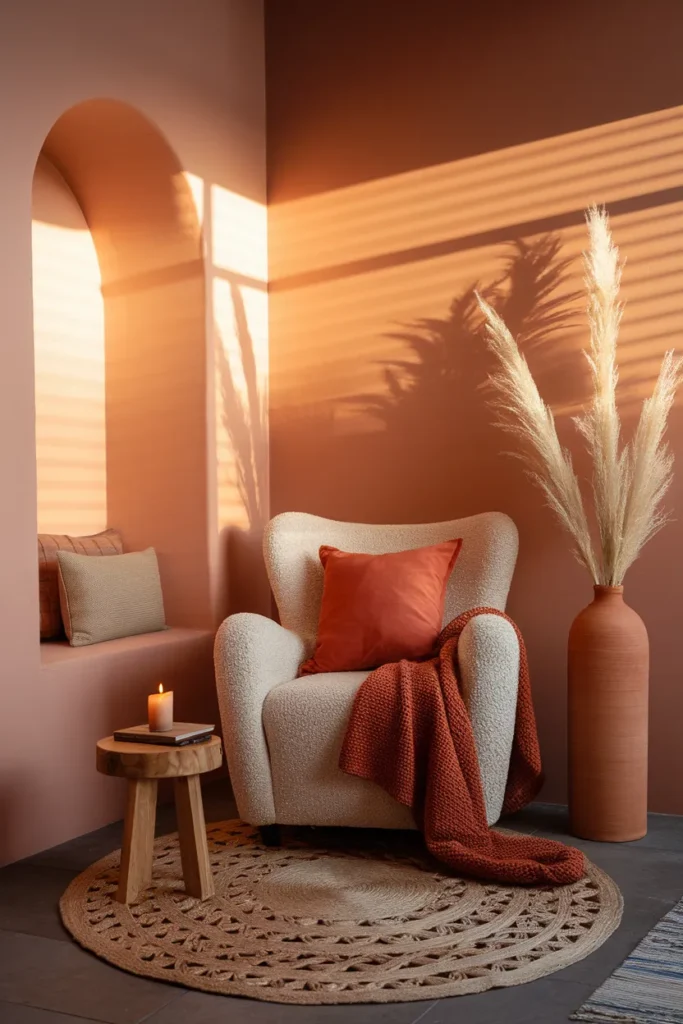 Cream boucle chair in a terracotta reading nook with jute rug and pampas at golden hour.