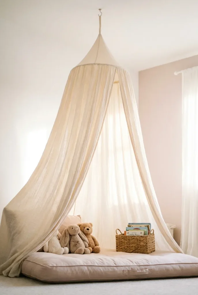 Cream canopy over a nursery reading nook cushion with soft morning light and book basket.