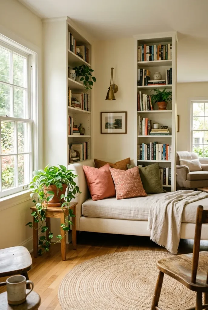 Cream daybed reading nook in a corner framed by white bookshelves and a jute rug.