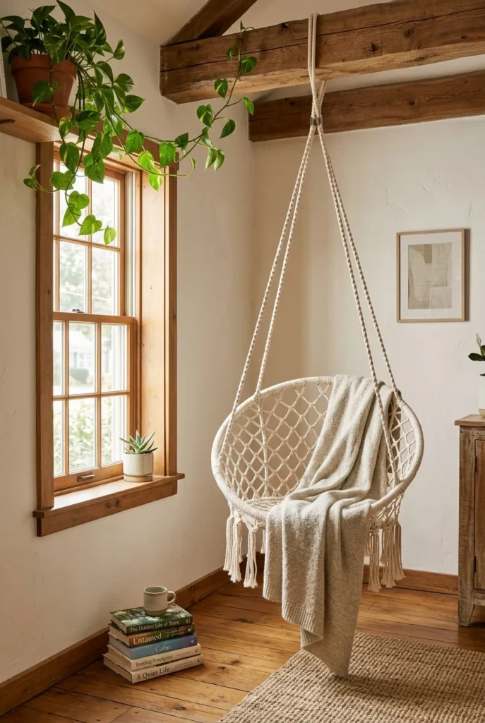 Cream macramé swing chair in a sunlit reading nook corner with books and a plant.