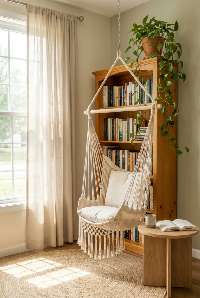 Cream macramé swing chair reading nook by a bright window with bookshelf and plants.