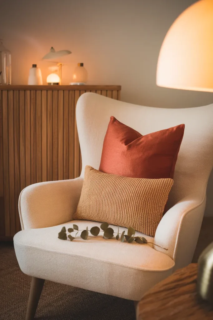 Cream reading corner balanced with one terracotta cushion and olive greenery accent.