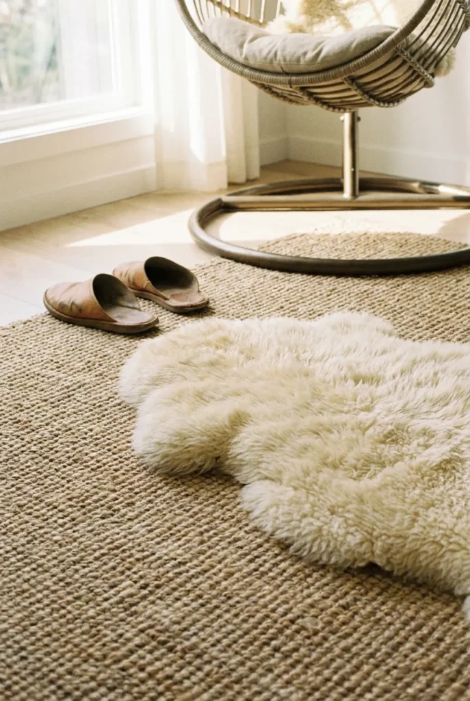 Cream sheepskin layered over a jute rug beside a swing chair with slippers.