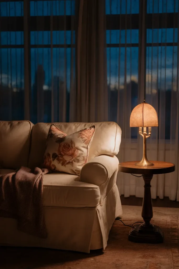 Cream slipcovered loveseat with floral pillow and warm lamp, a vintage cottage living room seating idea
