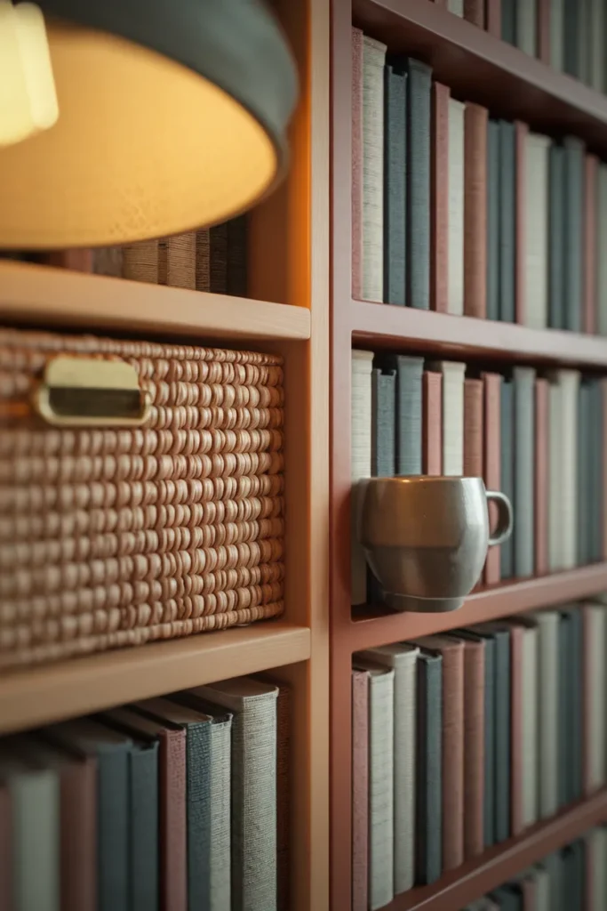 Cube storage shelf with a woven fabric drawer beside packed book spines in warm lamp light.