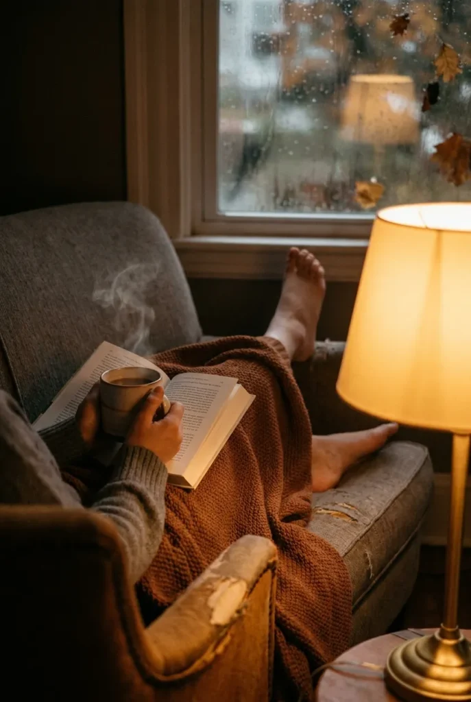 Curled up under a fall throw with a mug and book in a cozy reading nook.