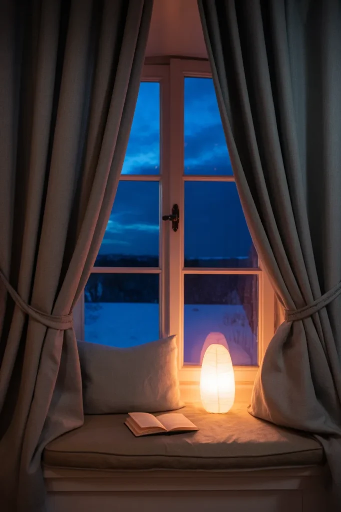 Curtained window seat nook lit warmly against a deep blue evening window