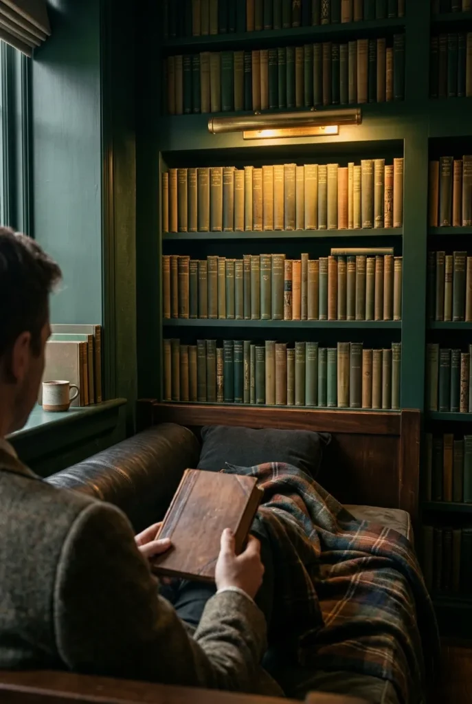 Dark academia daybed reading nook with green walls, clothbound books, and brass light.