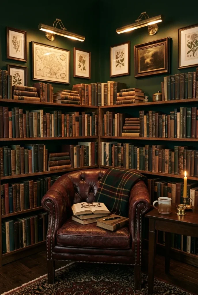 Dark academia library corner with green walls, brass light, and a leather chair