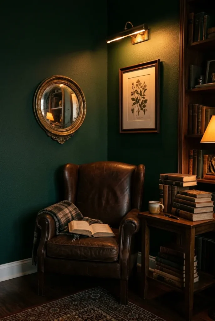 Dark academia reading nook with a small aged-brass mirror on a deep green wall.