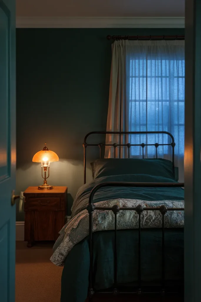 Dark cottagecore bedroom at dusk with forest green walls, a wrought iron bed, and warm lamp glow