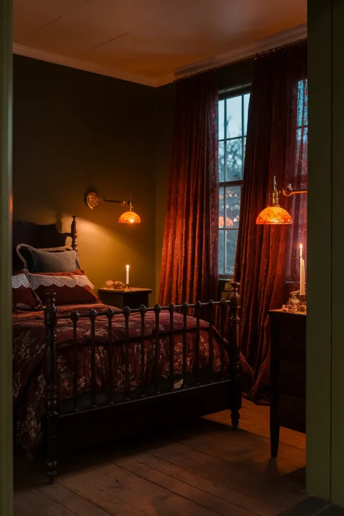 Dark cottagecore bedroom with olive walls, burgundy floral quilt, and amber lamps