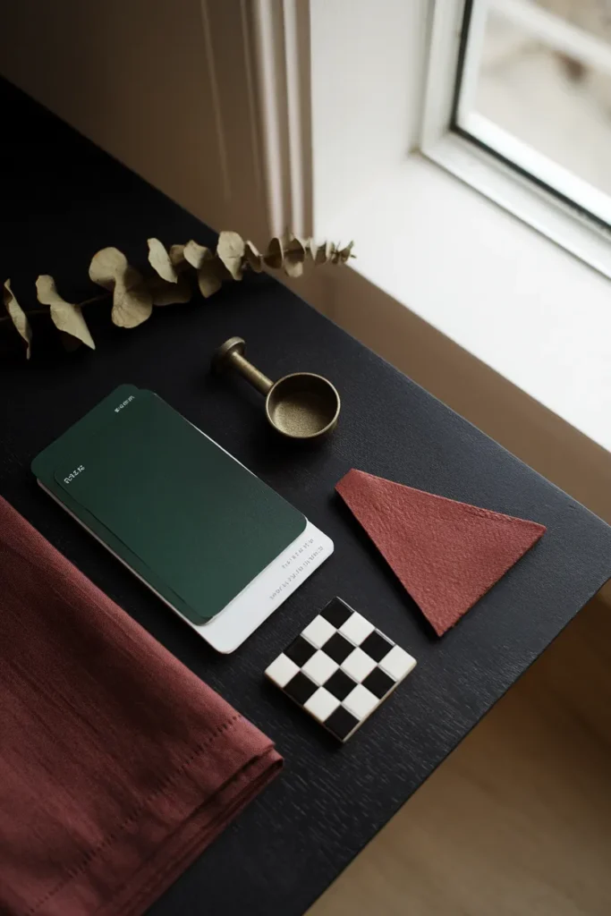 Dark cottagecore color palette flat-lay with forest green swatches, oxblood linen, and aged brass.