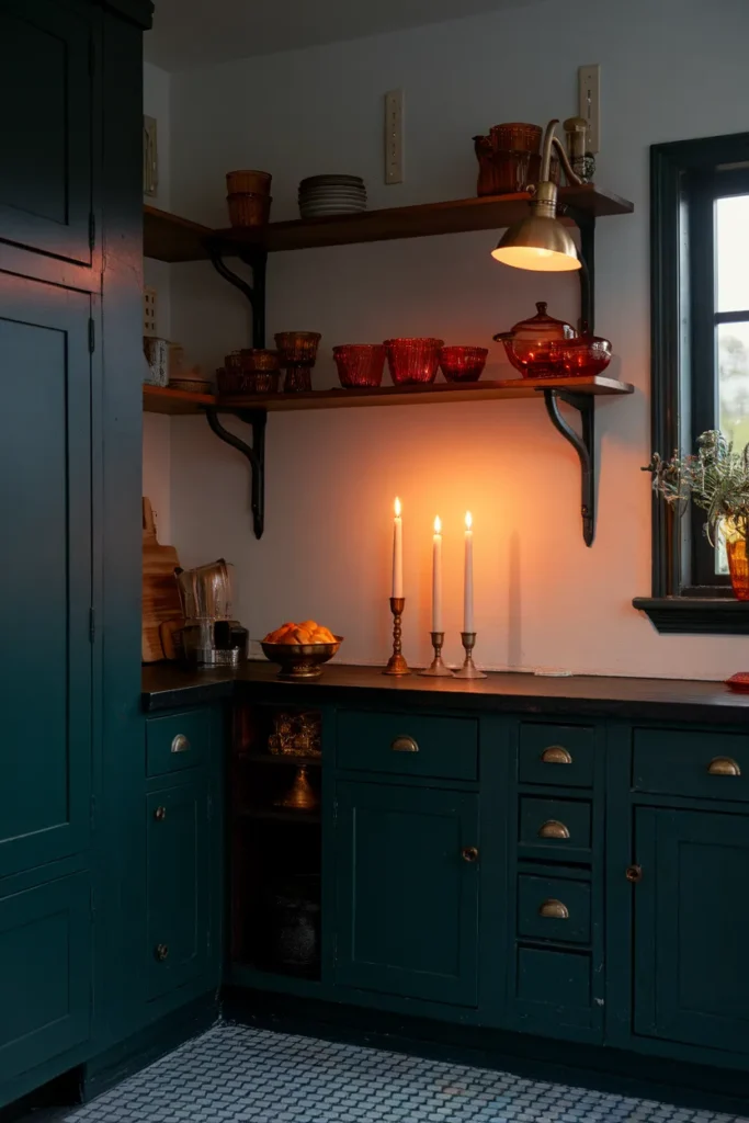 Dark cottagecore kitchen at dusk with forest green cabinets, candlelight, and a brass sconce.