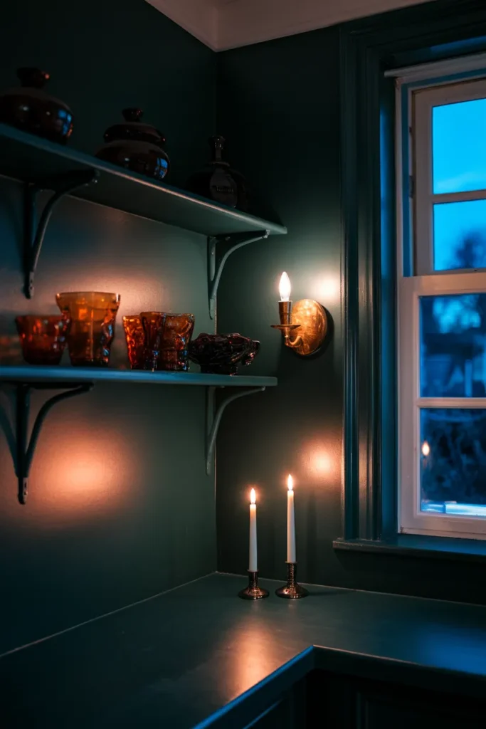 Dark cottagecore kitchen with deep green walls, a brass sconce, and candlelight at dusk